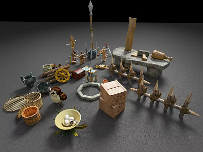 Ancient Weapon Collection Featuring Spears Swords Shields Spikes And Wooden Structures 3d model