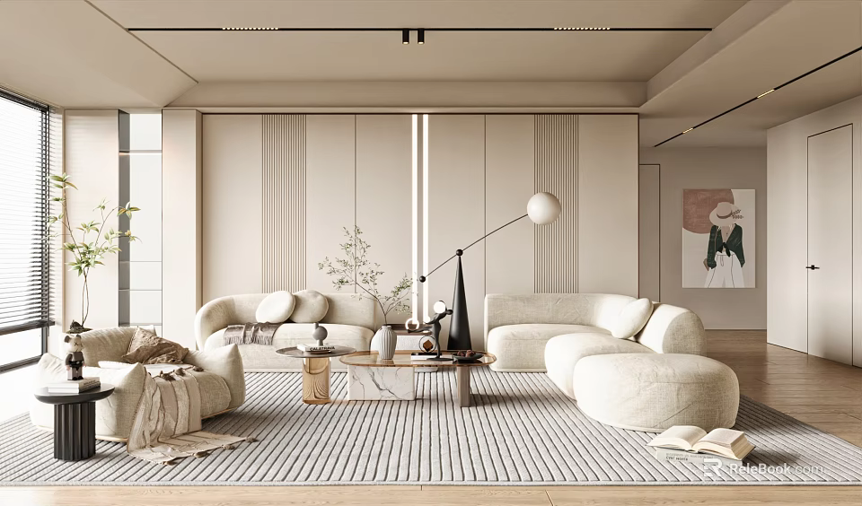 Modern Living Room Interior With Curved Sofa Floor Lamp Coffee Table And Wall Art 3d model 