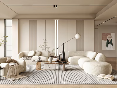 Modern Living Room Interior With Curved Sofa Floor Lamp Coffee Table And Wall Art 3d model