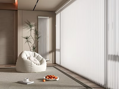 Cozy White Bean Bag Chair in Modern Living Room with Plant Rug and Blinds 3d model
