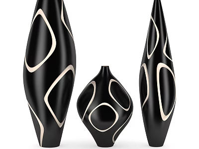 Three Black Ceramic Vases with Elegant Curved Gold Patterns Decorative Design 3d model