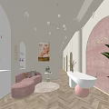 Elegant Beauty Salon Interior With Pink Sofa White Cabinets Beauty Products And Soft Lighting