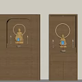 Wooden Buddhist Shrine Cabinet With Circular Light Ring Buddha Statue And Candle Holders