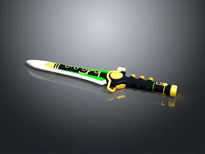 Decorative Weapon Knife Featuring Green Yellow Black Design With Gold Accents On Blade And Handle 3d model