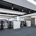 Modern Public Office Space With Open Workstations Computers White Partitions Blue Carpet And Ceiling Lights 3d model