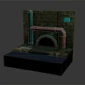 Vintage Industrial Scene Structure With Stone Wall Copper Pipes Archway And Blue Window