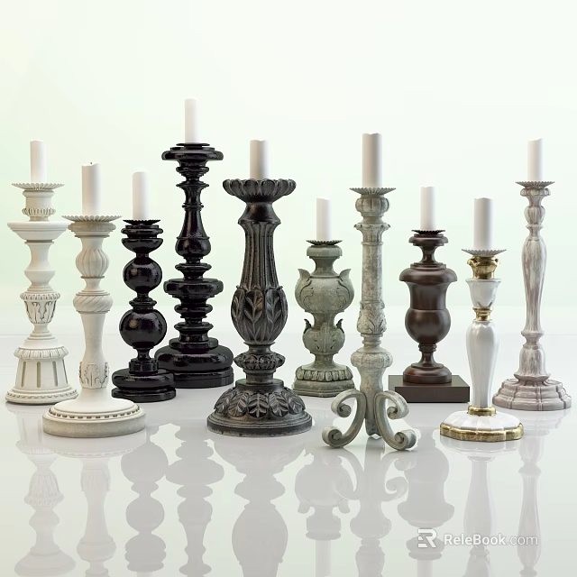 Various Stylish Candle Holders Featuring Multiple Colors And Intricate Base Designs 3d model 