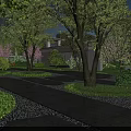 Lush Garden Landscape with Cherry Blossom Trees Gravel Pathway and Modern Building Exterior
