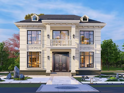 European Style Two Story Detached Villa With Arched Windows Black Roof And Landscaping 3d model