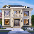 European Style Two Story Detached Villa With Arched Windows Black Roof And Landscaping