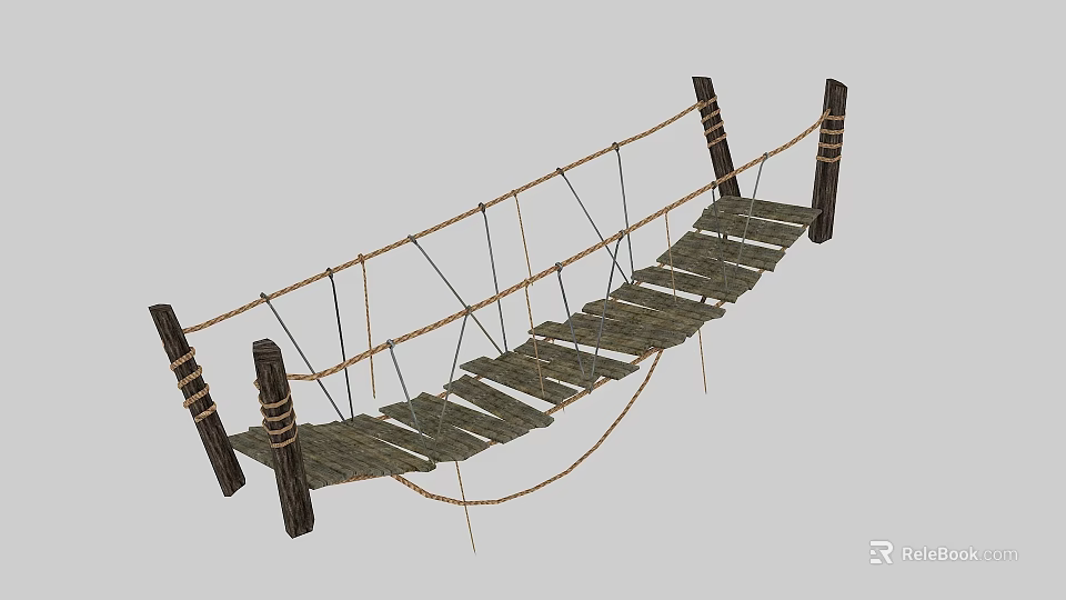 Outdoor Rope Bridge With Wooden Planks And Support Posts Structure 3d model