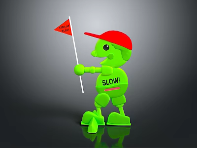 Green Robot Character With Red Cap Holding Caution Flag And SLOW Text On Chest 3d model
