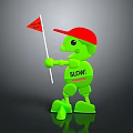 Green Robot Character With Red Cap Holding Caution Flag And SLOW Text On Chest