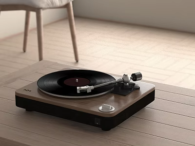 High Quality Vinyl Record Player Placed on Wooden Table Modern Room with Wooden Floor 3d model