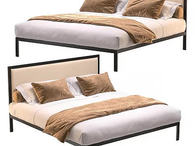 Minimalist Double Bed With Black Metal Frame Beige Headboard And Cozy Brown Bedding 3d model