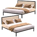 Minimalist Double Bed With Black Metal Frame Beige Headboard And Cozy Brown Bedding