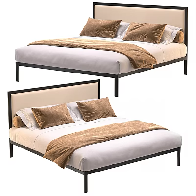 Minimalist Double Bed With Black Metal Frame Beige Headboard And Cozy Brown Bedding 3d model