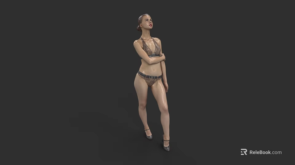 Woman In Bikini Standing With Arms Crossed Wearing High Heels On Gray Background 3d model 
