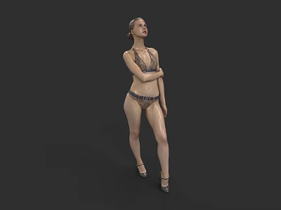 Woman In Bikini Standing With Arms Crossed Wearing High Heels On Gray Background 3d model
