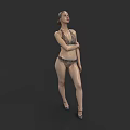 Woman In Bikini Standing With Arms Crossed Wearing High Heels On Gray Background