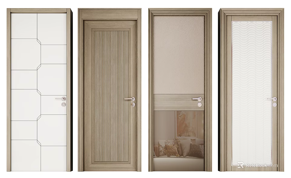Various Modern Hinged Doors With Wooden Frames Glass Panels And Different Patterns 3d model
