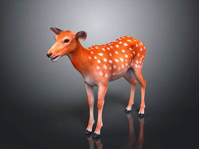 Realistic Orange Deer With White Spots Standing On Dark Reflective Surface 3d model