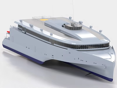 Modern Sleek Yacht Exterior With Large Windows Upper Deck And Blue Bottom Hull 3d model