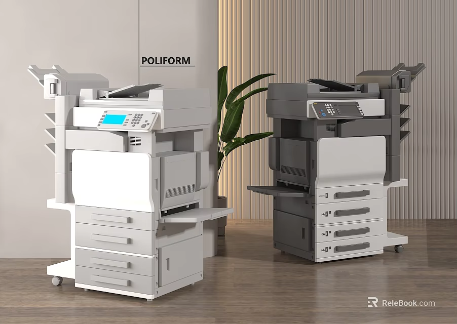 Office Appliances Two Multifunctional Machines White Dark Gray In Modern Office Setting With Plants 3d model 