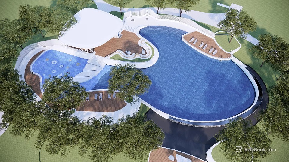 Outdoor Swimming Pool Area Landscape Design With Lounge Chairs Trees And Recreational Facilities 3d model 