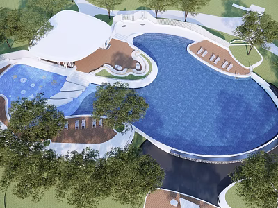 Outdoor Swimming Pool Area Landscape Design With Lounge Chairs Trees And Recreational Facilities 3d model