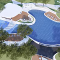 Outdoor Swimming Pool Area Landscape Design With Lounge Chairs Trees And Recreational Facilities
