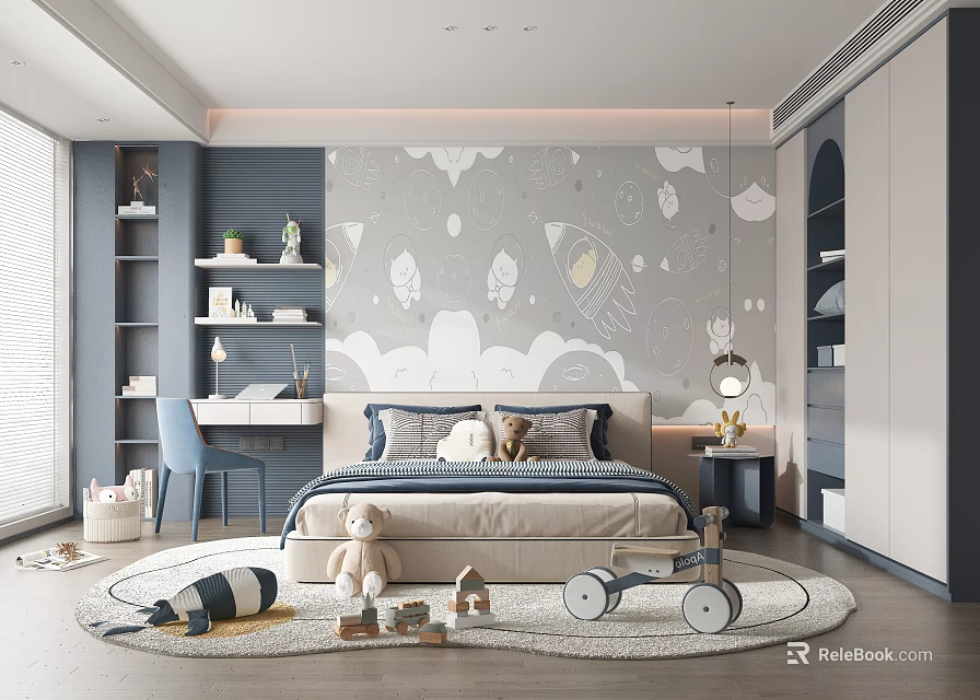 Kids Room Interior Design With Rocket Cloud Wall Art Cozy Bed Shelves And Toys 3d model 