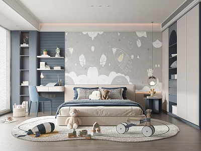 Kids Room Interior Design With Rocket Cloud Wall Art Cozy Bed Shelves And Toys 3d model
