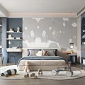 Kids Room Interior Design With Rocket Cloud Wall Art Cozy Bed Shelves And Toys
