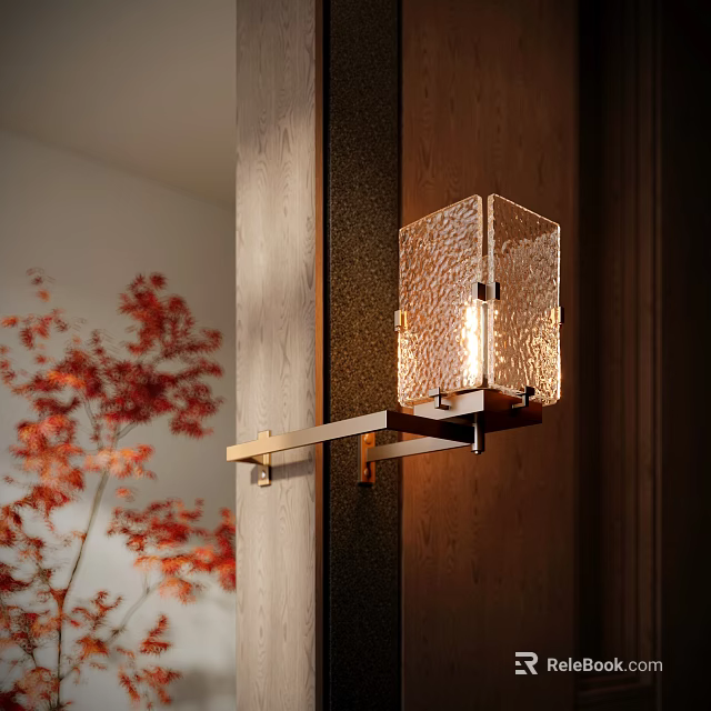 Textured Glass Wall Sconce With Metal Bracket Mounted On Wooden Wall And Red Leaf Decor 3d model 