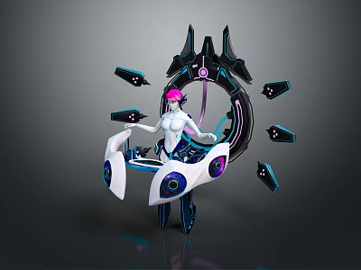 Sci-Fi Character With Pink Hair And Mechanical Ring Structure Featuring Floating Purple Blue Lights 3d model