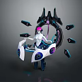 Sci-Fi Character With Pink Hair And Mechanical Ring Structure Featuring Floating Purple Blue Lights