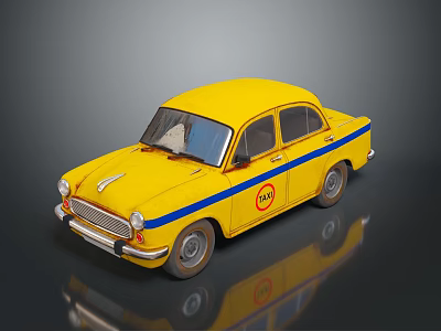 Vintage Yellow Taxi Sedan With Blue Stripe And Door TAXI Sign 3d model
