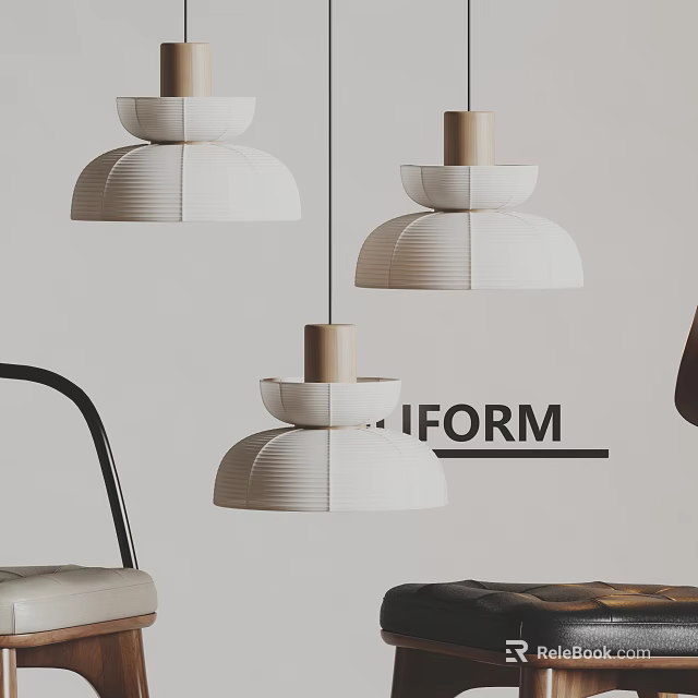 Three Modern White Pendant Lights With Wooden Base In Minimalist Interior 3d model 