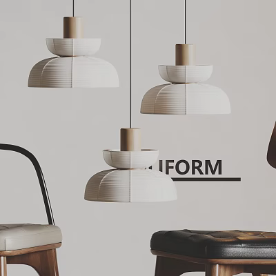 Three Modern White Pendant Lights With Wooden Base In Minimalist Interior 3d model