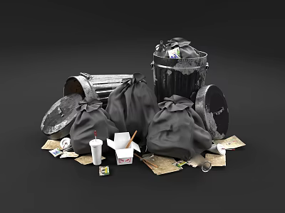 Trash Cans And Garbage Bags With Takeout Boxes Paper Cups And Scattered Waste 3d model
