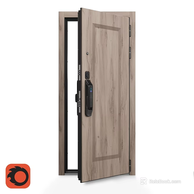 Modern Wooden Swing Door With Black Frame And Smart Lock Design 3d model 
