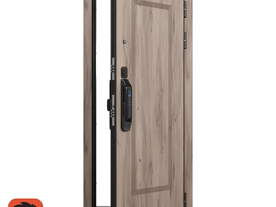 Modern Wooden Swing Door With Black Frame And Smart Lock Design 3d model