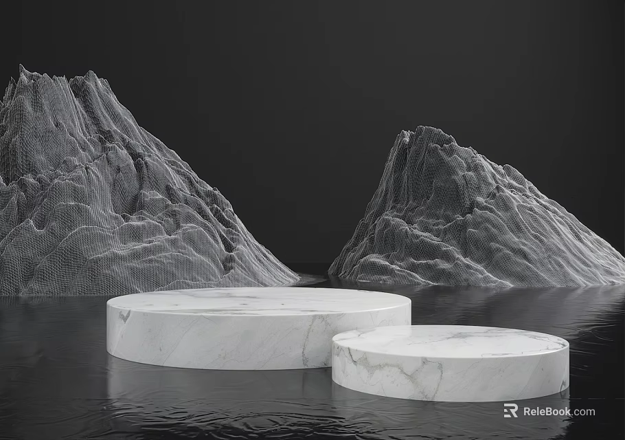Commercial Equipment Display With Round Marble Platforms On Water Surface And Mountain Backdrop 3d model 