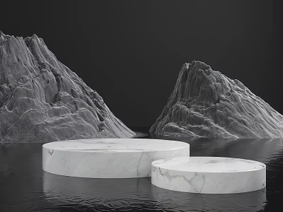 Commercial Equipment Display With Round Marble Platforms On Water Surface And Mountain Backdrop 3d model