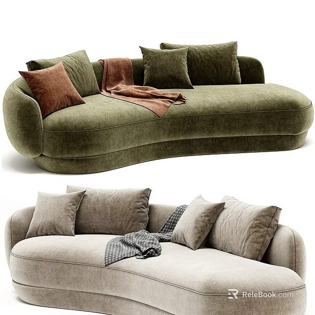 Green And Beige Large Sofa With Multiple Cushions And Throw Blanket Modern Design 3d model 