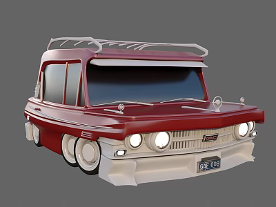 Vintage Retro Car With Red And White Exterior Roof Rack And Round Headlights 3d model