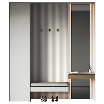 Modern Shoe Cabinet With Vertical Striped Panel Hooks Bench And Small Table 3d model