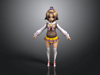 3D Character Model Featuring Short Hair Bow White Long Sleeve Top Yellow Skirt Red Shoes 3d model