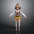 3D Character Model Featuring Short Hair Bow White Long Sleeve Top Yellow Skirt Red Shoes